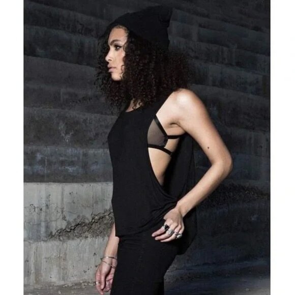 Sourpuss Tops - BLACK AND GREIGE Obvia Low Side Tank Top
